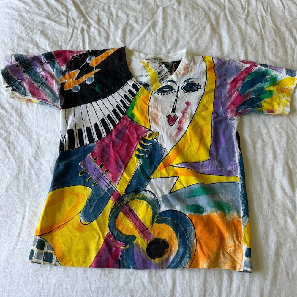 Kolorway‎ USA Abstract Art Music Piano Guitar AOP T-Shirt Sz M Multi Color